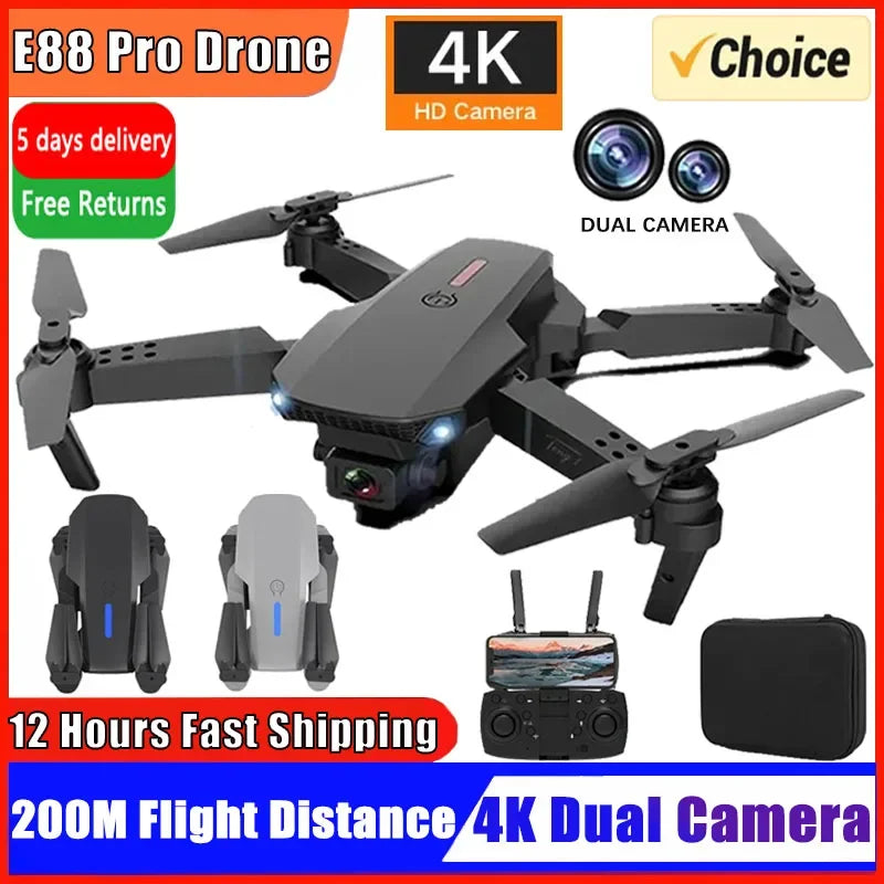 E88 Pro MINI Drone 4K Com Câmera de Alta Definição Wifi Fpv Dobrável Drone 2.4G 6 Eixos Rc Quadcopter Altitude Hold (Câmera Dupla, 3x1.5 AA Baterias, não incluídas）Tempo do voo: 10 minutos Tempo de carregamento: 100